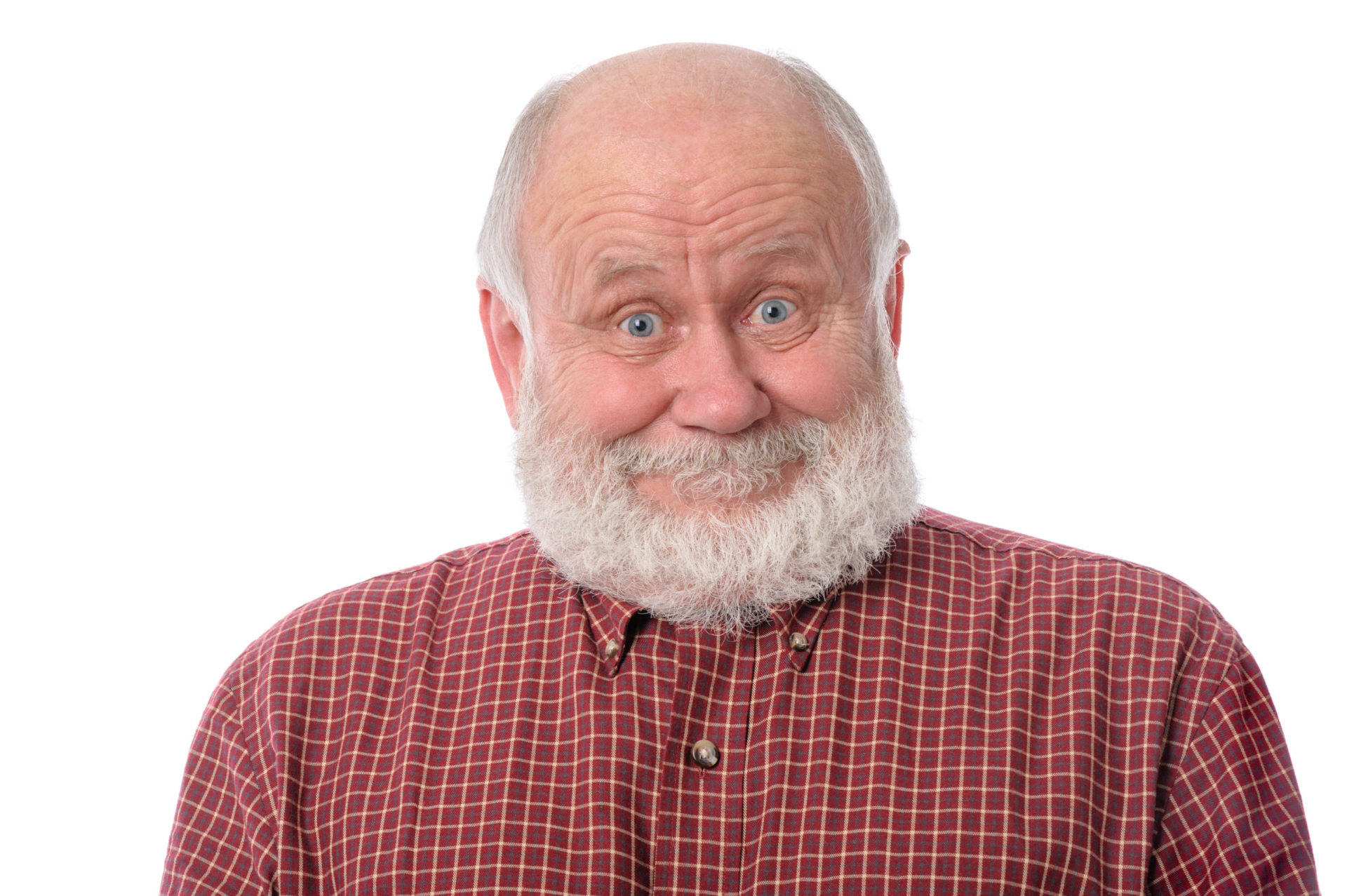 Senior man shows surprised smile facial expression, isolated on white